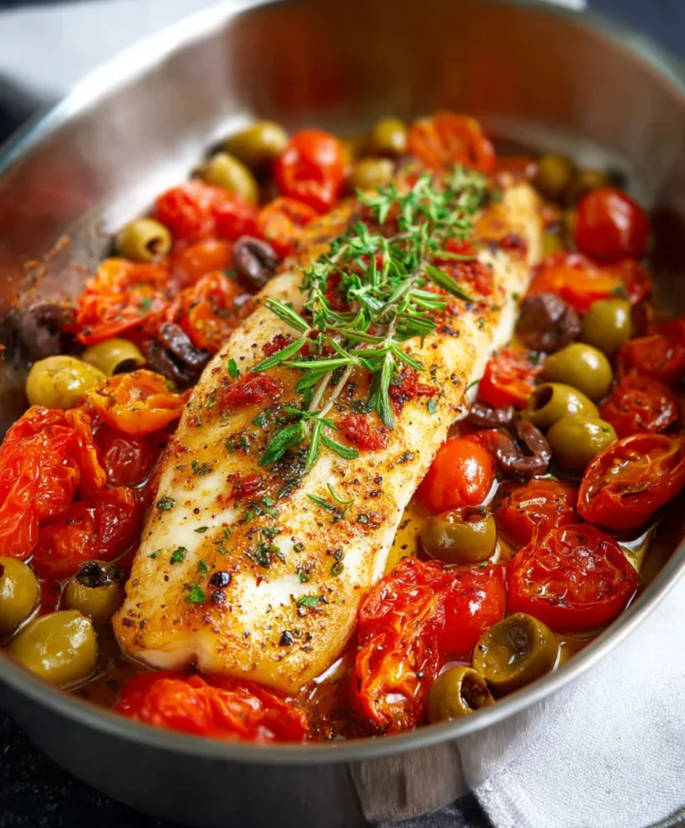 Baked Fish with Cherry Tomatoes Olives Easy Recipe