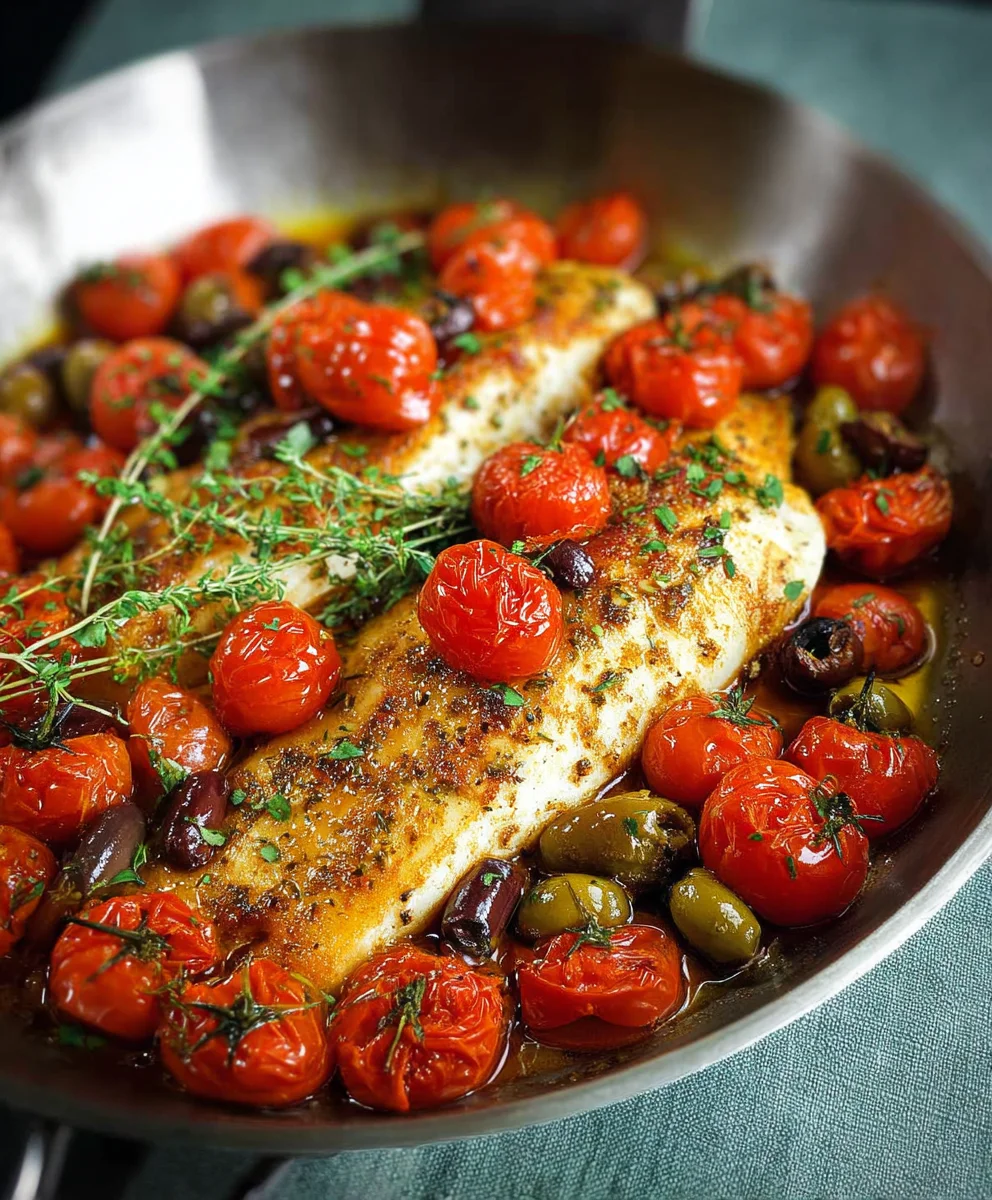 Baked Fish with Cherry Tomatoes Olives Easy Recipe