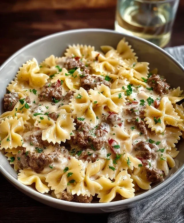Beef Bowtie Pasta with Alfredo Sauce