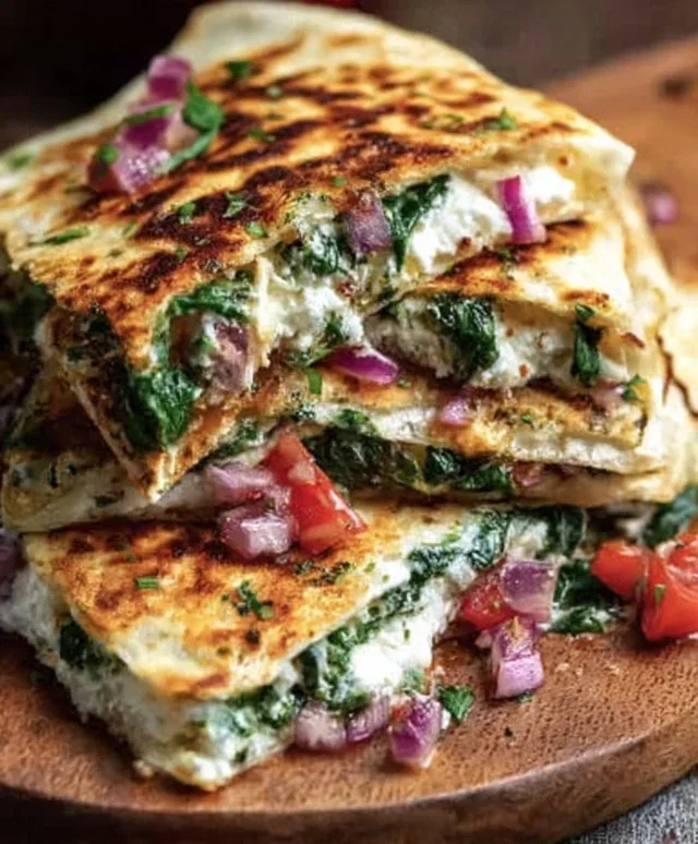 Mediterranean Quesadillas with Spinach, Feta, Mozzarella, and Red Onion