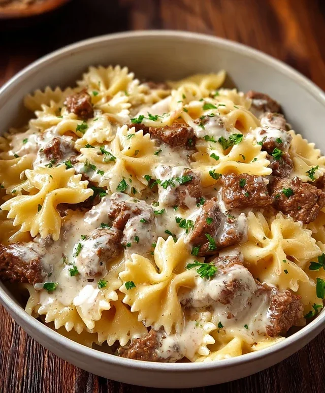 Beef Bowtie Pasta with Alfredo Sauce